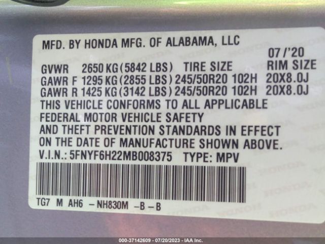 5FNYF6H22MB008375 Honda Pilot Special Edition