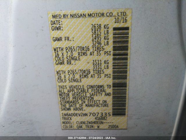 1N6AD0EV2HN707335 Nissan Frontier Sv V6
