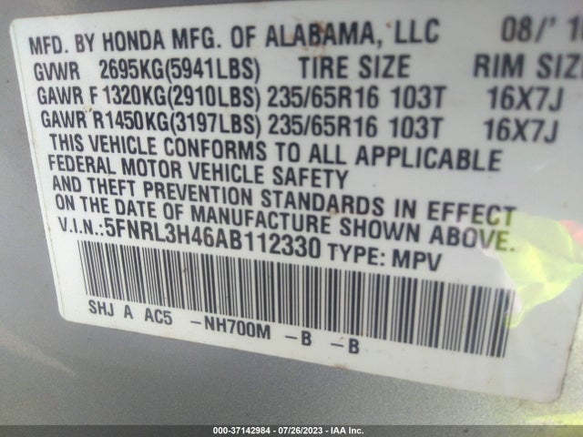 2010 HONDA ODYSSEY EX VIN: 5FNRL3H46AB112330