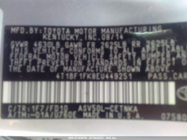 2014 TOYOTA CAMRY L/LE/XLE/SE/SE SPORT VIN: 4T1BF1FK8EU449251