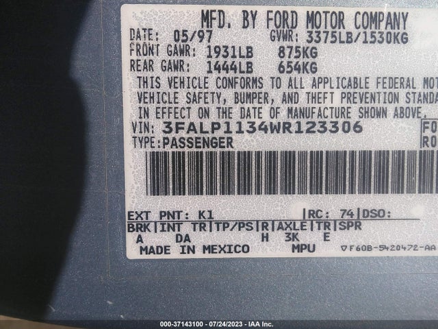 1998 FORD ESCORT ZX2 VIN: 3FALP1134WR123306