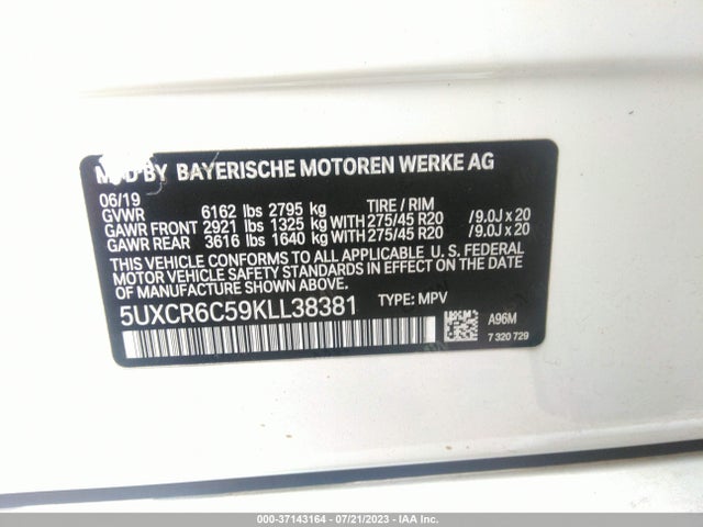 2019 BMW X5 XDRIVE40I VIN: 5UXCR6C59KLL38381