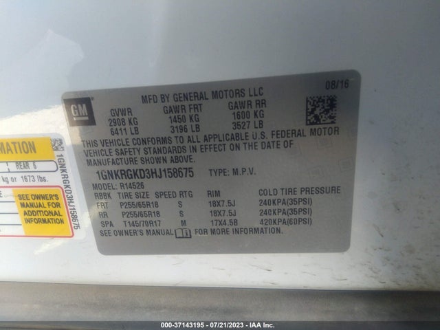 Chevrolet Traverse Lt 2017 1GNKRGKD3HJ158675 Image 15