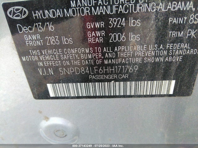 2017 HYUNDAI ELANTRA SE VIN: 5NPD84LF6HH171769