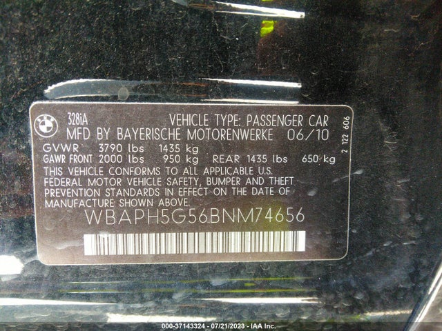 2011 BMW 3 SERIES 328I VIN: WBAPH5G56BNM74656