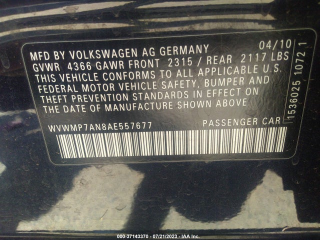 2010 VOLKSWAGEN CC SPORT VIN: WVWMP7AN8AE557677