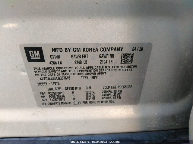 Chevrolet Trax Lt 2020 KL7CJLSB5LB337618 Image 9