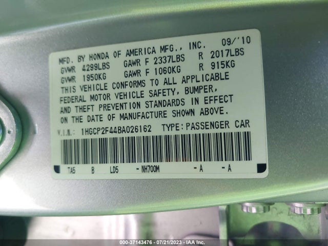 2011 HONDA ACCORD SDN LX-P VIN: 1HGCP2F44BA026162