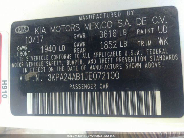3KPA24AB1JE072100 KIA RIO LX