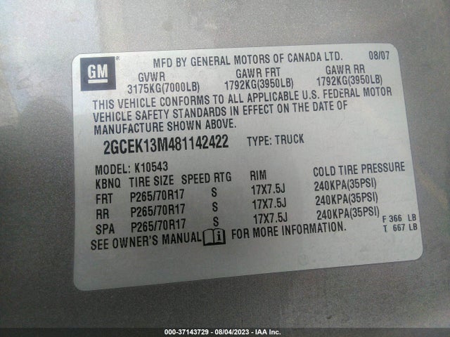 2008 CHEVROLET SILVERADO 1500 LT W/1LT VIN: 2GCEK13M481142422
