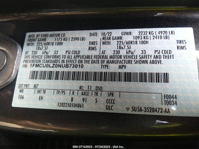 2022 Ford Escape, VIN: 1FMCU0LZ0NUB73010