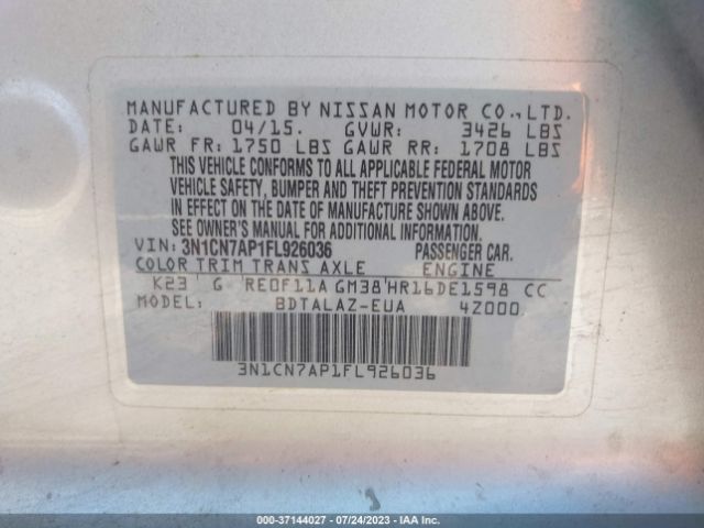 3N1CN7AP1FL926036 Nissan Versa S Plus