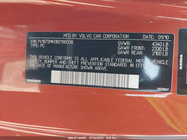 2011 VOLVO C30 VIN: YV1672MK0B2199338