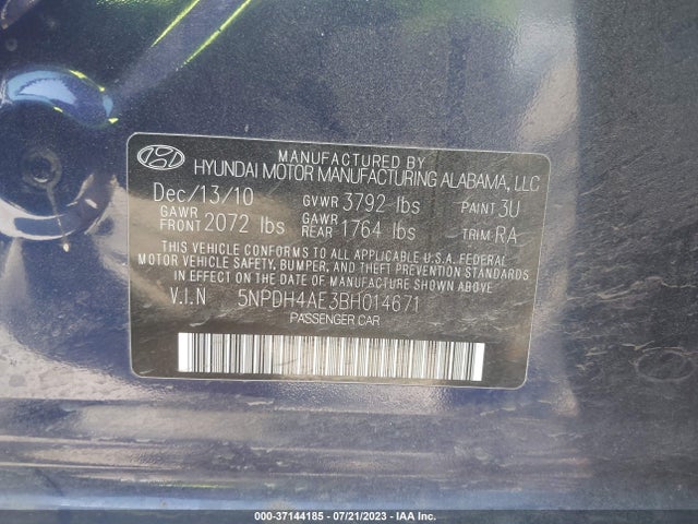 2011 HYUNDAI ELANTRA LTD VIN: 5NPDH4AE3BH014671
