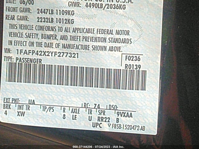 2000 FORD MUSTANG GT VIN: 1FAFP42X2YF277321