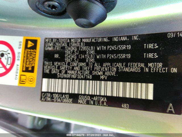 Toyota Highlander Limited 2015 5TDYKRFH6FS047148 Image 9