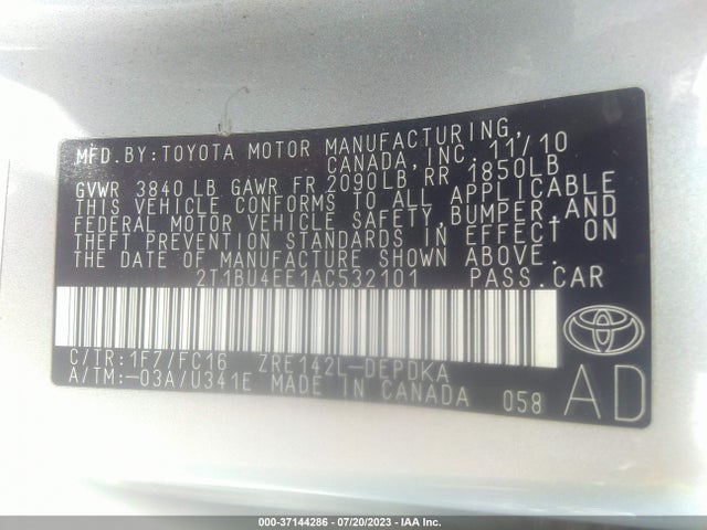 2010 TOYOTA COROLLA VIN: 2T1BU4EE1AC532101