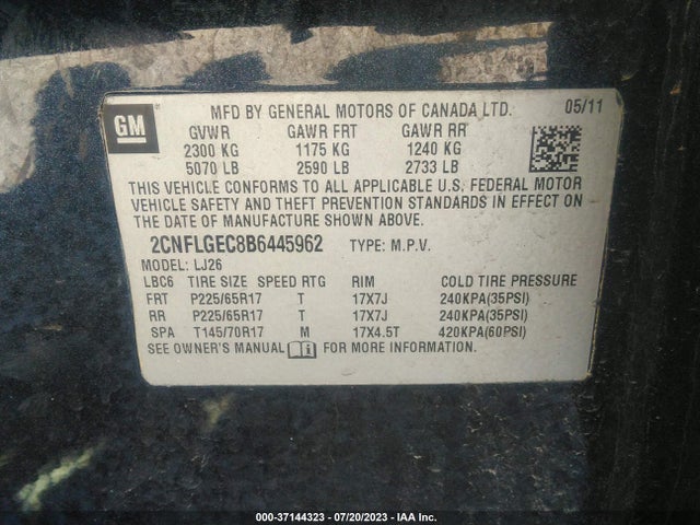 2011 CHEVROLET EQUINOX LTZ VIN: 2CNFLGEC8B6445962