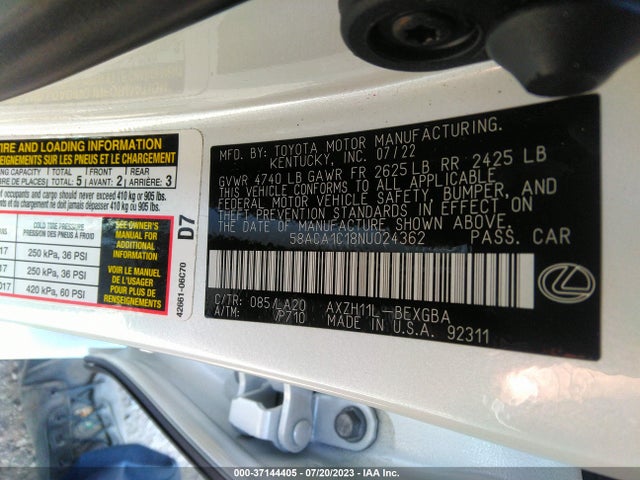 2022 LEXUS ES ES 300H VIN: 58ACA1C18NU024362