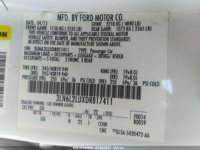 2013 LINCOLN MKZ HYBRID VIN: 3LN6L2LUXDR817411
