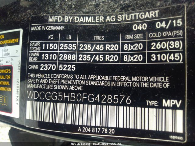 WDCGG5HB0FG428576 Mercedes-Benz Glk-class Glk 350