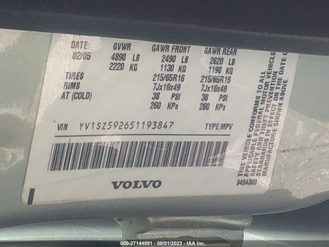 2005 VOLVO XC70 VIN: YV1SZ592651193847