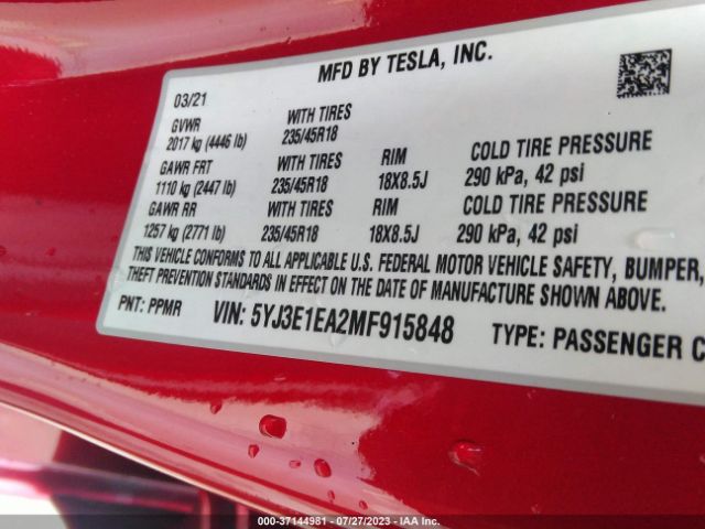 5YJ3E1EA2MF915848 Tesla Model 3 Standard Range Plus