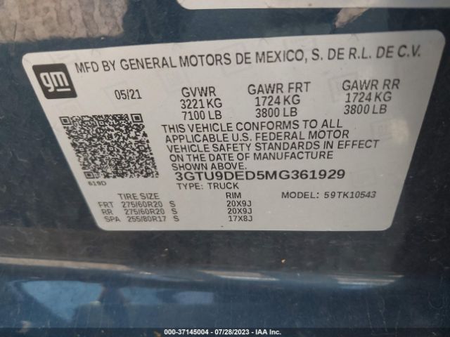 3GTU9DED5MG361929 GMC Sierra 1500 Slt