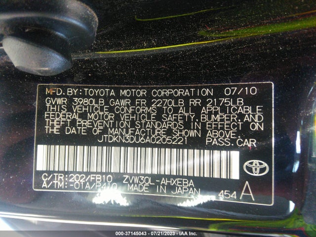 2010 TOYOTA PRIUS II/III/IV/V/I VIN: JTDKN3DU6A0205221