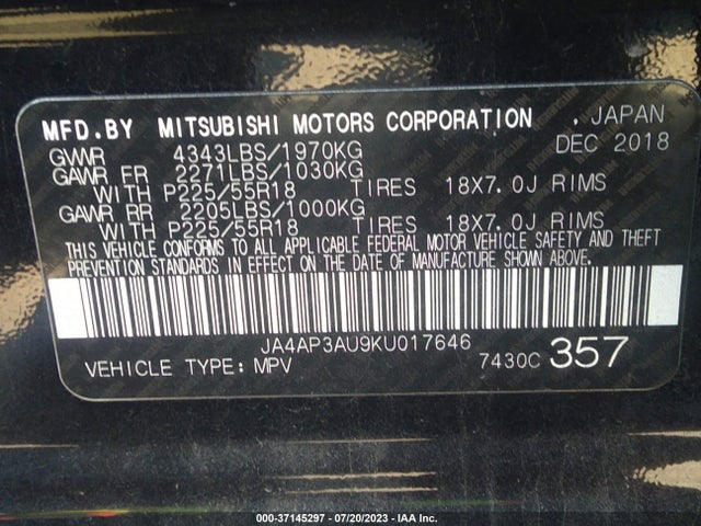 JA4AP3AU9KU017646 Mitsubishi Outlander Sport 2.0