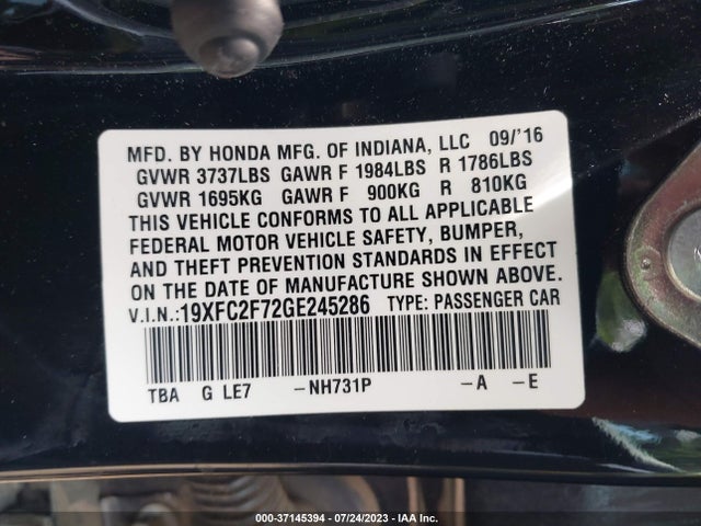 2016 HONDA CIVIC SEDAN EX VIN: 19XFC2F72GE245286