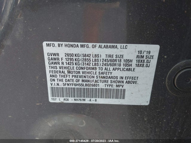Honda Pilot Ex-l 2020 5FNYF6H55LB026801 Image 9