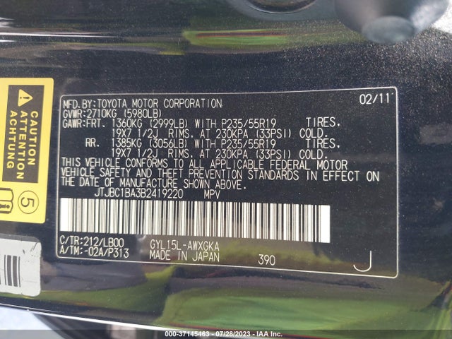 2011 LEXUS RX 450H VIN: JTJBC1BA3B2419220