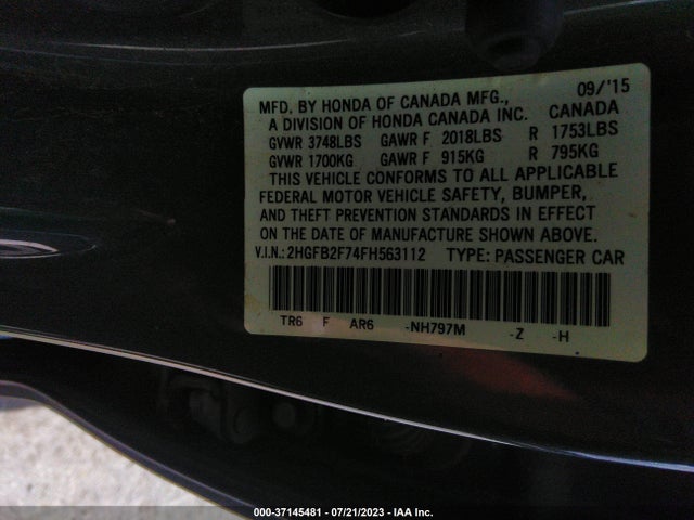 2015 HONDA CIVIC SEDAN SE VIN: 2HGFB2F74FH563112