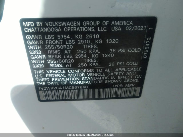 1V2WR2CA1MC567840 Volkswagen Atlas 3.6l V6 Se W/technology