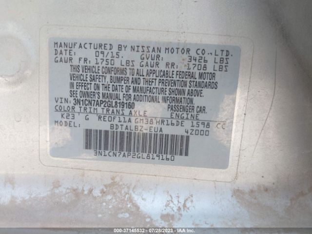 3N1CN7AP2GL819160 Nissan Versa S/s Plus/sl/sv