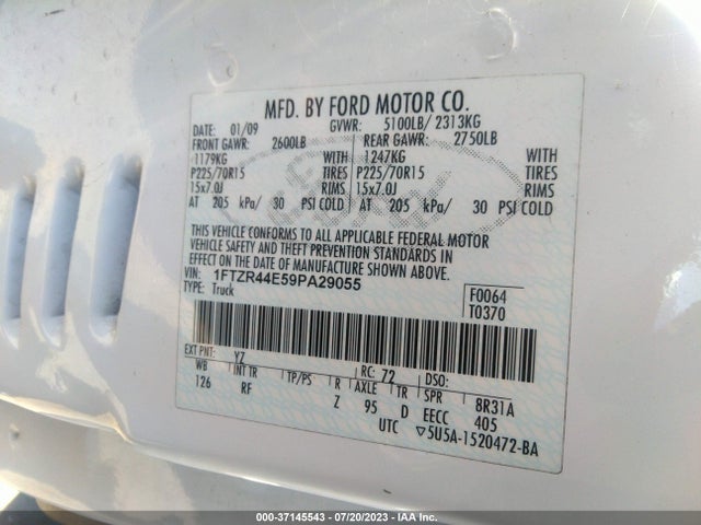 2009 FORD RANGER XLT/SPORT VIN: 1FTZR44E59PA29055