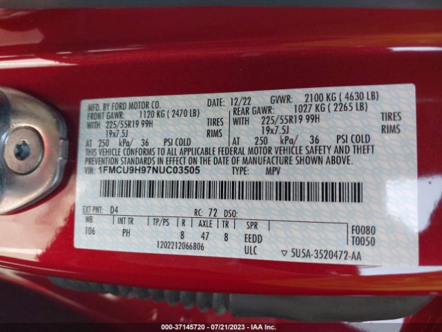 1FMCU9H97NUC03505 Ford ESCAPE SEL