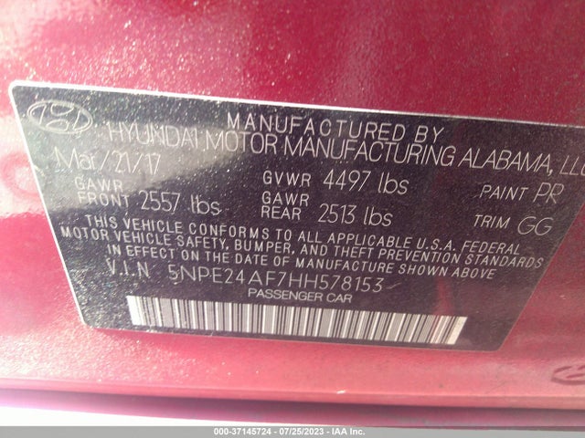 Hyundai Sonata 2.4l 2017 5NPE24AF7HH578153 Image 9