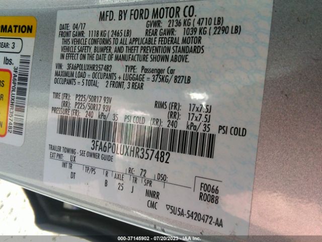 3FA6P0LUXHR357482 Ford Fusion Hybrid Se