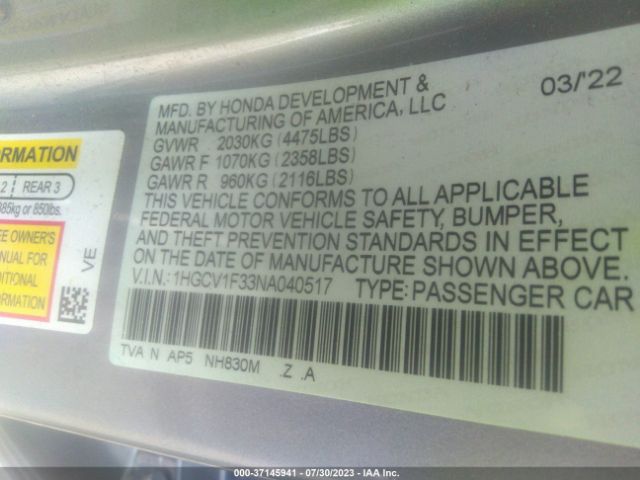 1HGCV1F33NA040517 Honda Accord Sedan Sport