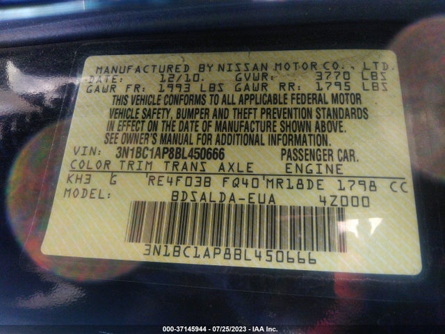 2011 NISSAN VERSA 1.8 S VIN: 3N1BC1AP8BL450666