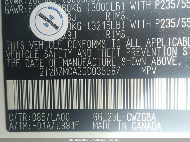 2016 Lexus RX, VIN: 2T2BZMCA3GC035587