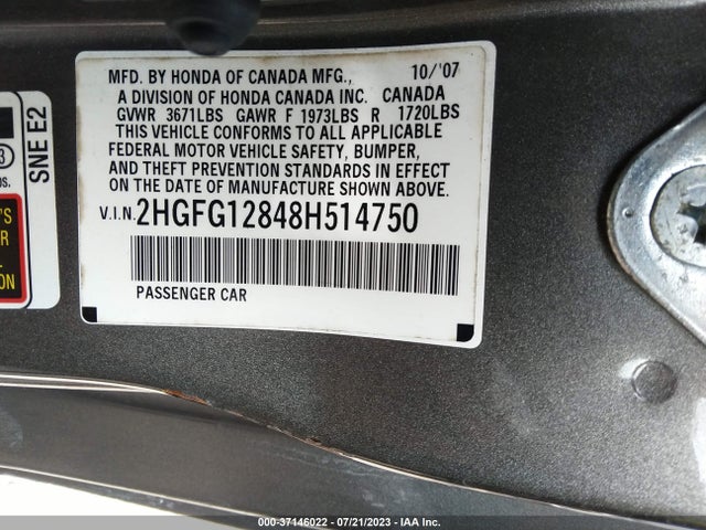 2008 HONDA CIVIC CPE EX VIN: 2HGFG12848H514750