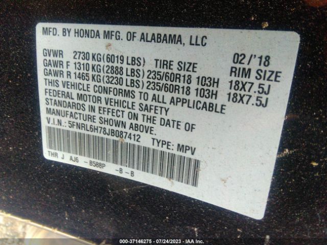 5FNRL6H78JB087412 Honda Odyssey Ex-l