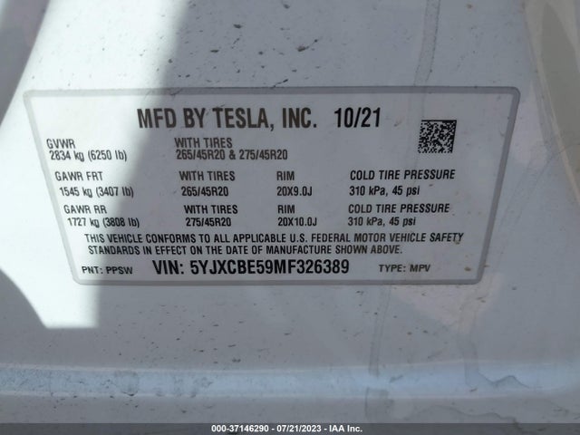 2021 Tesla Model X, VIN: 5YJXCBE59MF326389