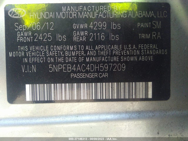 2013 HYUNDAI SONATA GLS VIN: 5NPEB4AC4DH597209