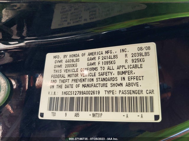 2009 HONDA ACCORD CPE EX VIN: 1HGCS12799A002619