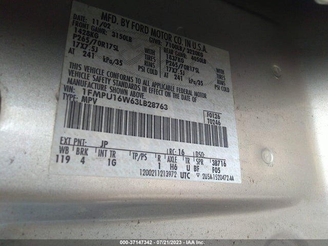 2003 FORD EXPEDITION XLT VIN: 1FMPU16W63LB28763