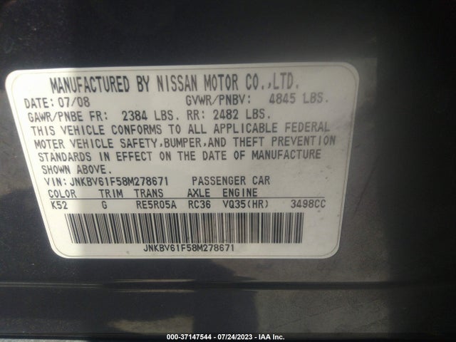 2008 INFINITI G35 SEDAN X VIN: JNKBV61F58M278671